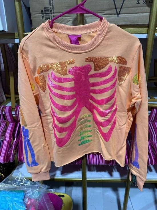 Queen of Sparkles Orange Skeleton Sweatshirt Size S *Damaged* - Picture 2 of 7